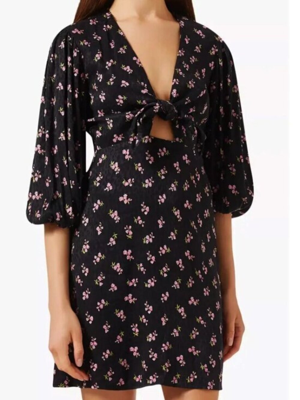 New Maje Muguet Floral Bow Front Mini Dress Black 34, XS $345